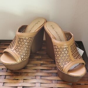 Tan Laser-Cut Platform Leather Wedge Mule